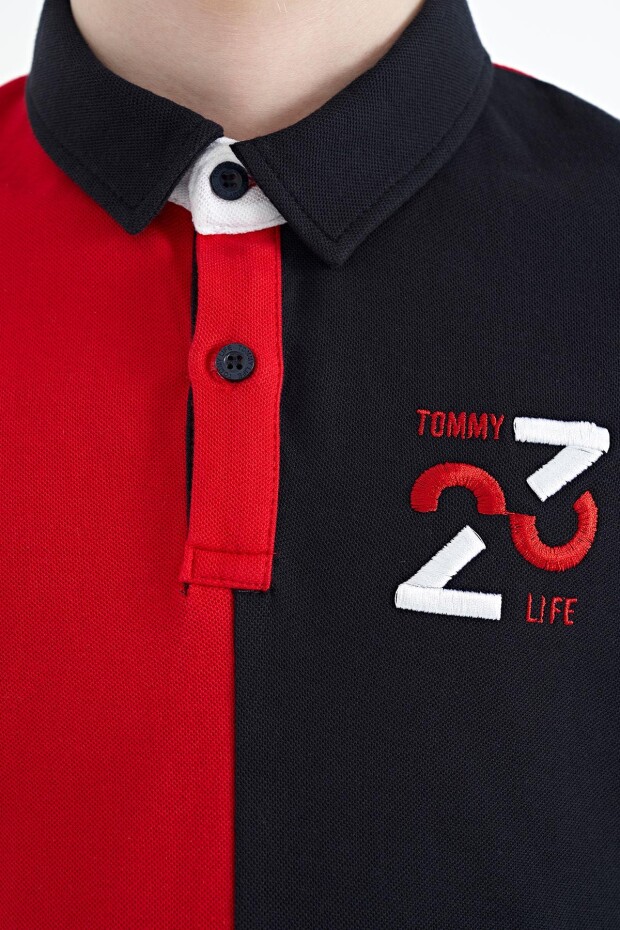 Kırmızı Renk Bloklu Nakış Detaylı Standart Kalıp Polo Yaka Erkek Çocuk T-Shirt - 11108