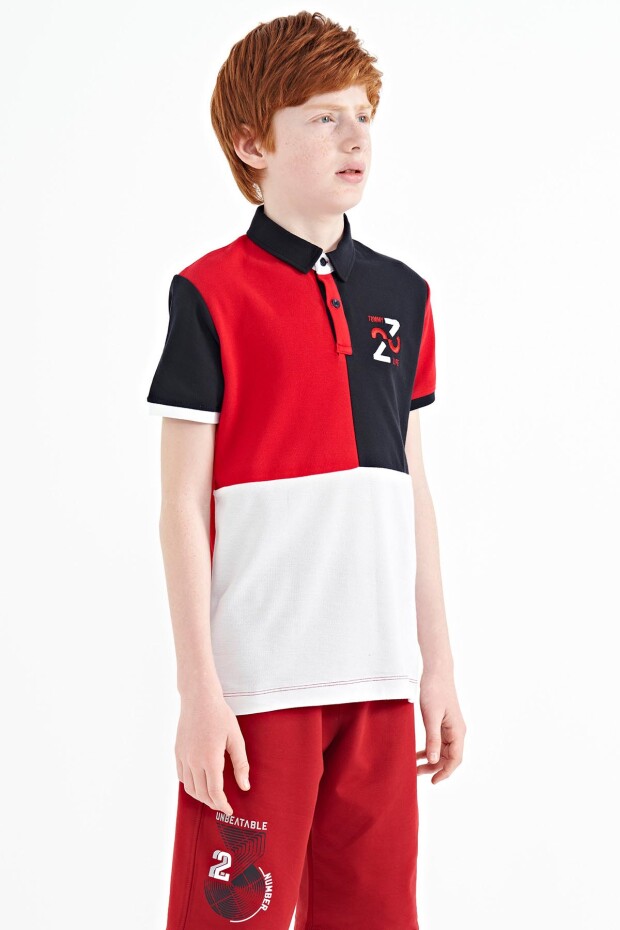 Kırmızı Renk Bloklu Nakış Detaylı Standart Kalıp Polo Yaka Erkek Çocuk T-Shirt - 11108