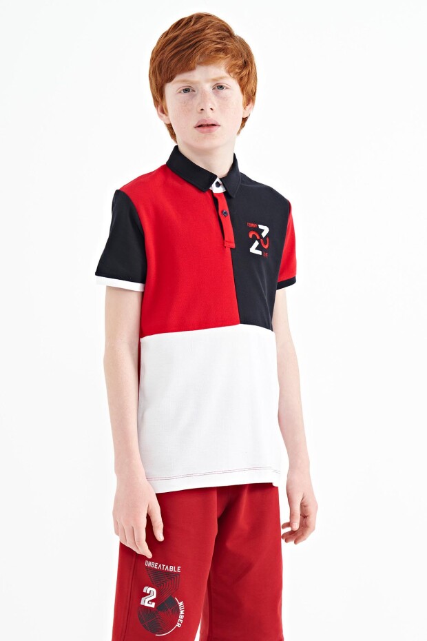 Kırmızı Renk Bloklu Nakış Detaylı Standart Kalıp Polo Yaka Erkek Çocuk T-Shirt - 11108