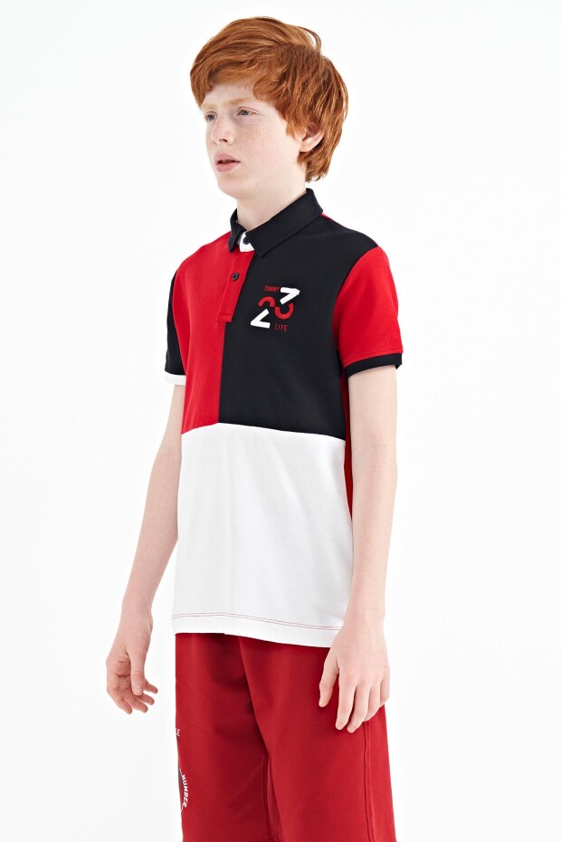 Kırmızı Renk Bloklu Nakış Detaylı Standart Kalıp Polo Yaka Erkek Çocuk T-Shirt - 11108