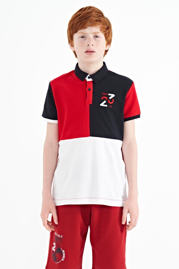 Kırmızı Renk Bloklu Nakış Detaylı Standart Kalıp Polo Yaka Erkek Çocuk T-Shirt - 11108