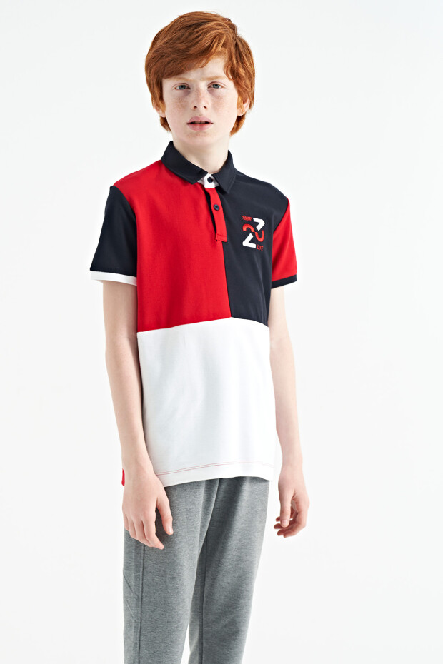 Kırmızı Renk Bloklu Nakış Detaylı Standart Kalıp Polo Yaka Erkek Çocuk T-Shirt - 11108