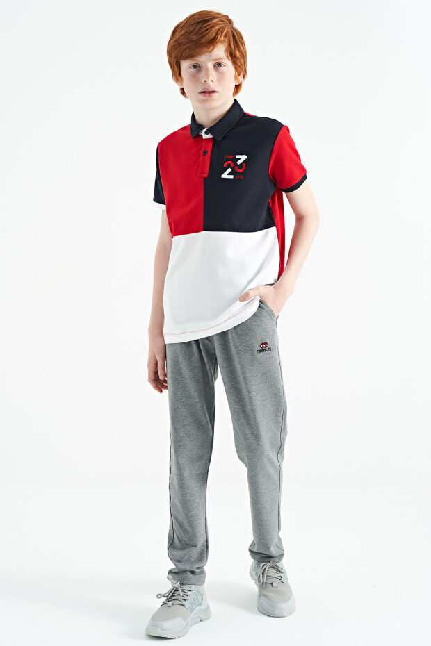 Kırmızı Renk Bloklu Nakış Detaylı Standart Kalıp Polo Yaka Erkek Çocuk T-Shirt - 11108