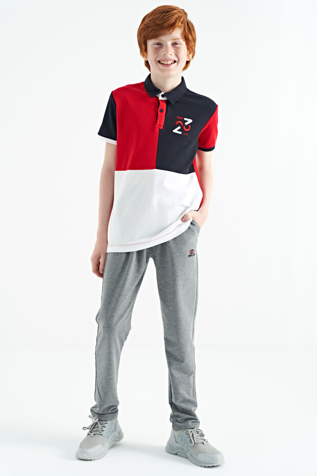 Kırmızı Renk Bloklu Nakış Detaylı Standart Kalıp Polo Yaka Erkek Çocuk T-Shirt - 11108