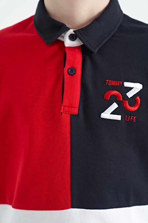 Kırmızı Renk Bloklu Nakış Detaylı Standart Kalıp Polo Yaka Erkek Çocuk T-Shirt - 11108