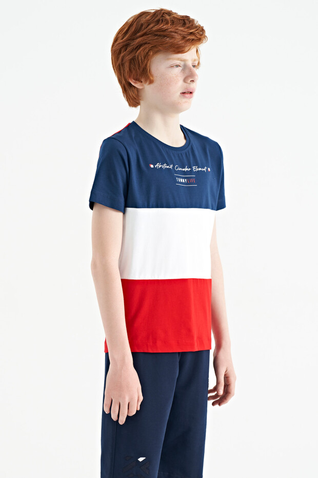 Kırmızı Renk Bloklu O Yaka Baskı Detaylı Standart Kalıp Erkek Çocuk T-Shirt - 11135 - 8