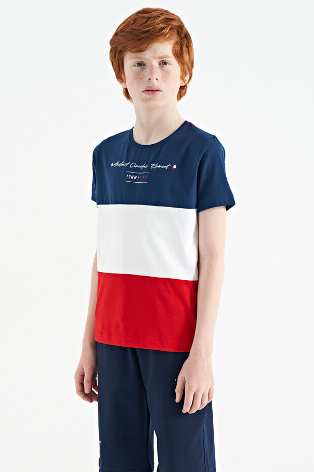 Kırmızı Renk Bloklu O Yaka Baskı Detaylı Standart Kalıp Erkek Çocuk T-Shirt - 11135 - 7