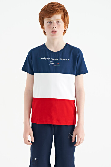 Kırmızı Renk Bloklu O Yaka Baskı Detaylı Standart Kalıp Erkek Çocuk T-Shirt - 11135 
