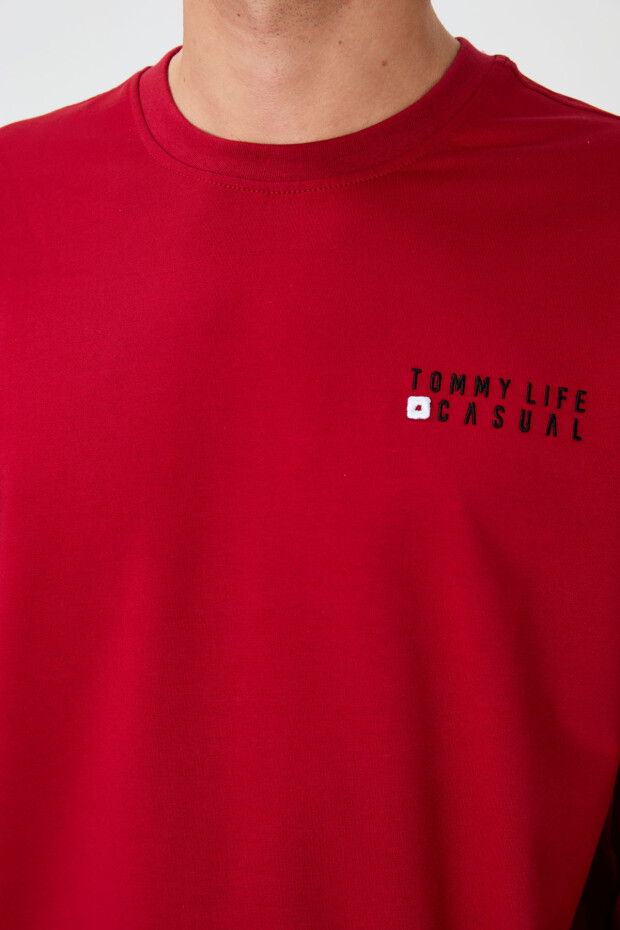 Kırmızı - Siyah Casual O Yaka Lastik Paça Pamuklu Erkek Oversize Eşofman Takımı - 85120 - 4