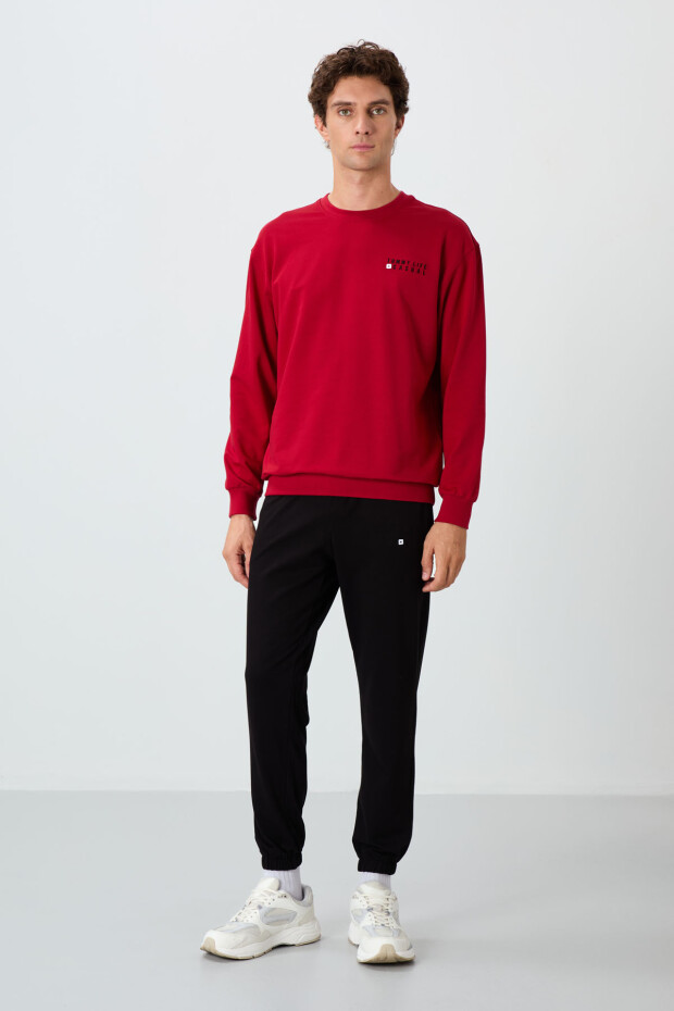Kırmızı - Siyah Casual O Yaka Lastik Paça Pamuklu Erkek Oversize Eşofman Takımı - 85120 - 1