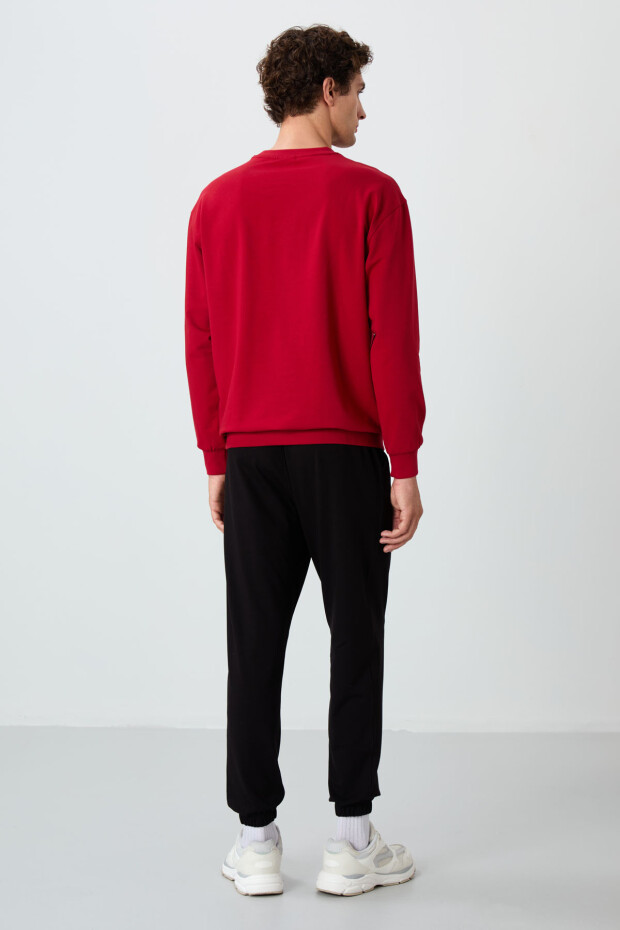 Kırmızı - Siyah Casual O Yaka Lastik Paça Pamuklu Erkek Oversize Eşofman Takımı - 85120 - 7