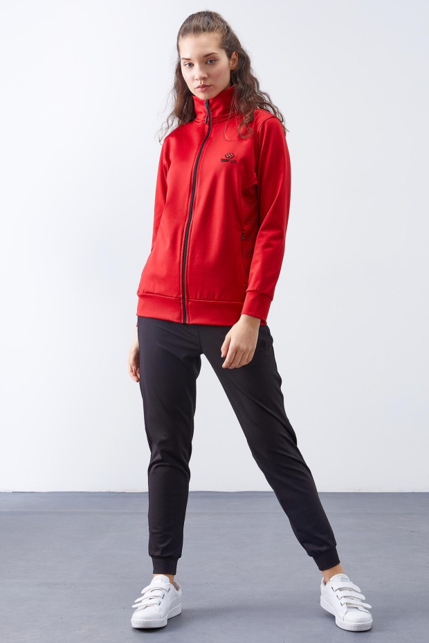 Kırmızı - Siyah Ters Fermuarlı Dalgıç Kumaş Standart Kalıp Jogger Kadın Eşofman Takımı - 95272