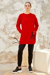 Kırmızı - Siyah O Yaka Nakışlı Rahat Form Jogger Kadın Eşofman Tunik Takım - 95235 