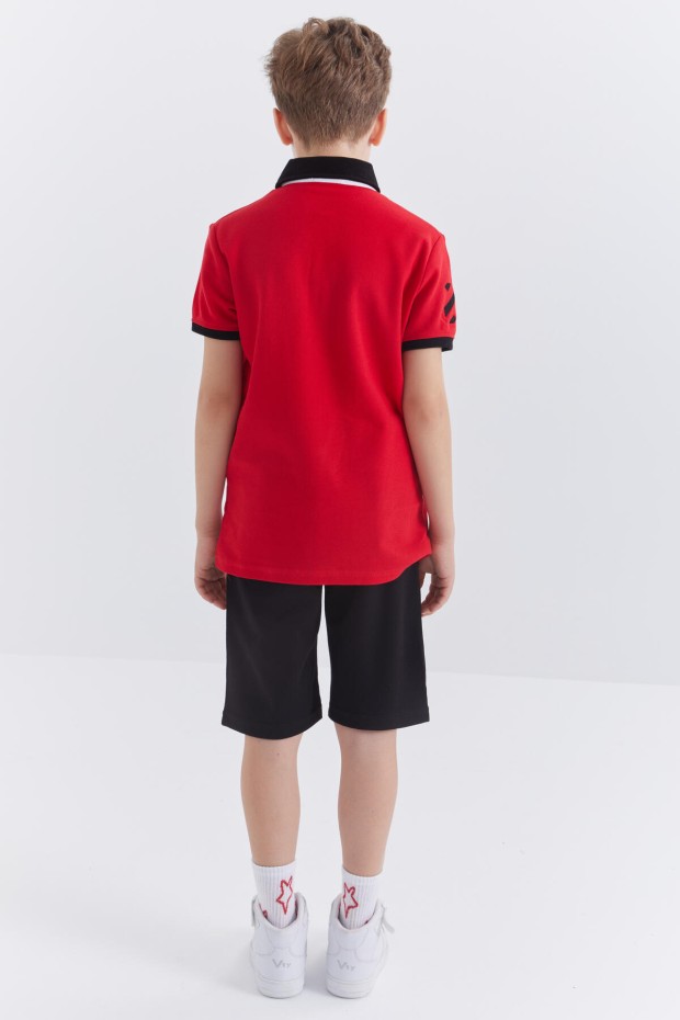 Kırmızı - Siyah Yazı Nakışlı Polo Yaka Kısa Kollu Erkek Çocuk Şort Takım - 10941