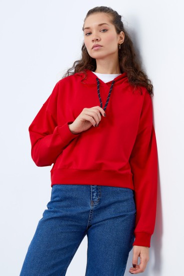 Kırmızı Uzun Kol Rahat Form Kapüşonlu Kadın Sweatshirt - 97115 