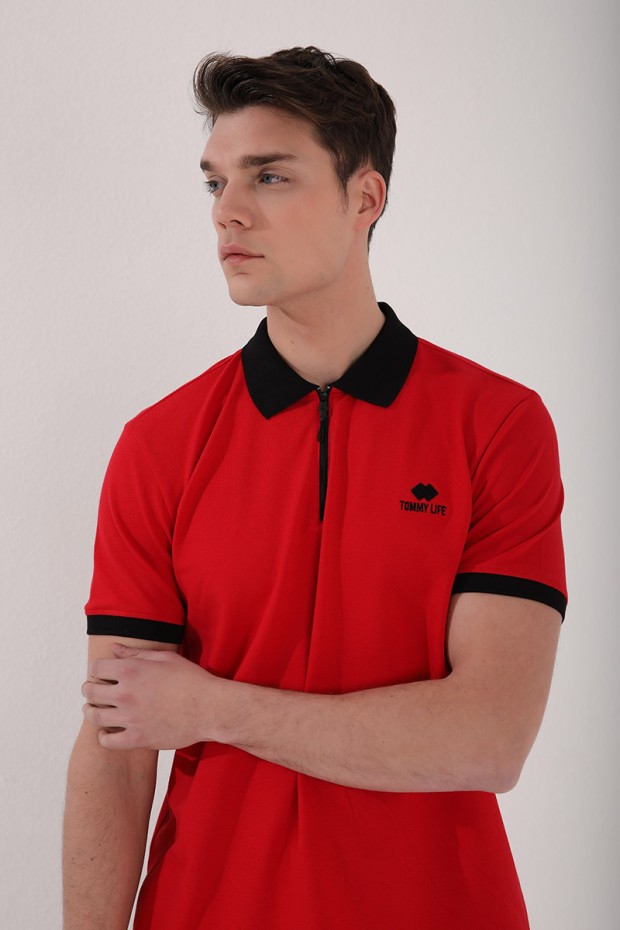 Kırmızı Yarım Fermuarlı Standart Kalıp Polo Yaka Erkek T-Shirt - 87961