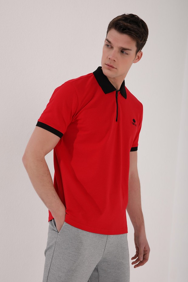 Kırmızı Yarım Fermuarlı Standart Kalıp Polo Yaka Erkek T-Shirt - 87961