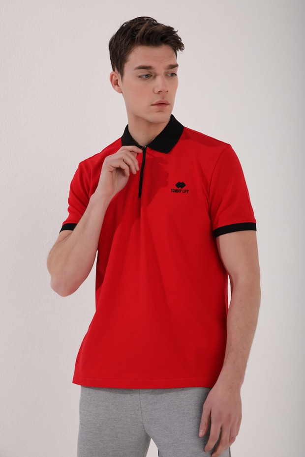 Kırmızı Yarım Fermuarlı Standart Kalıp Polo Yaka Erkek T-Shirt - 87961