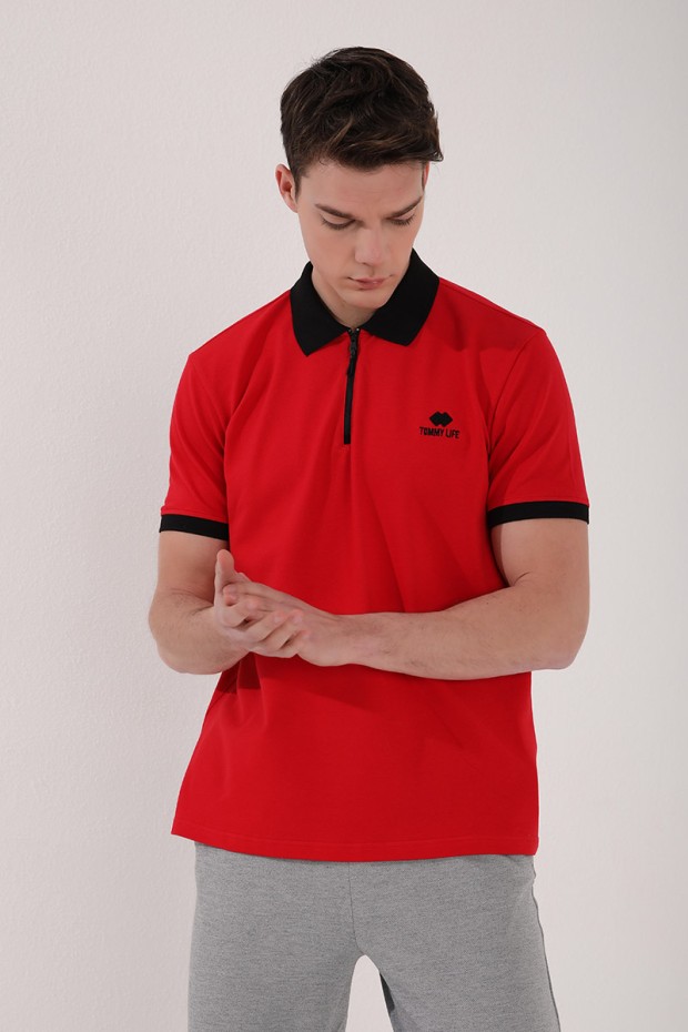 Kırmızı Yarım Fermuarlı Standart Kalıp Polo Yaka Erkek T-Shirt - 87961