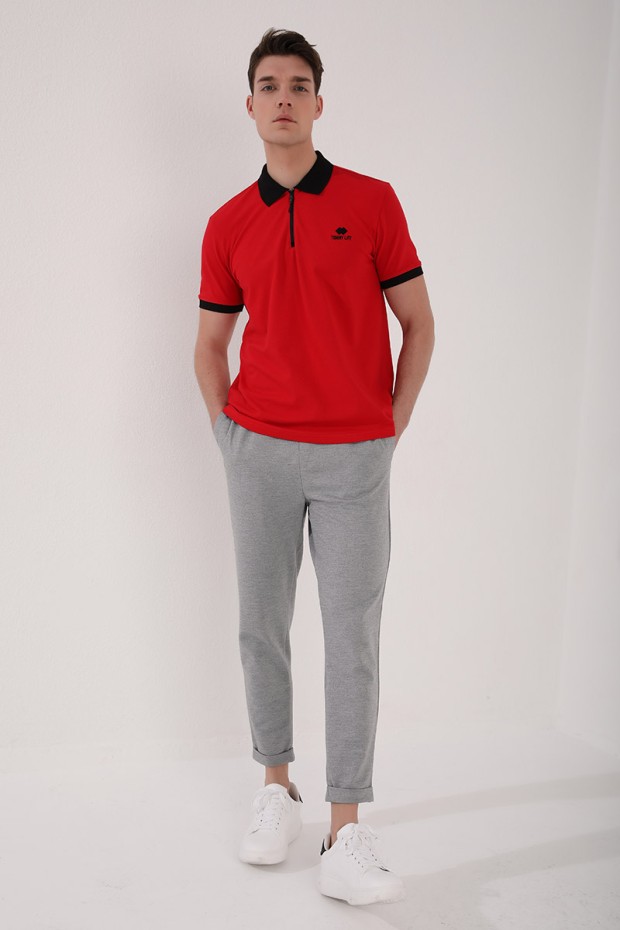 Kırmızı Yarım Fermuarlı Standart Kalıp Polo Yaka Erkek T-Shirt - 87961