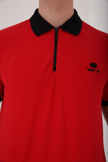 Kırmızı Yarım Fermuarlı Standart Kalıp Polo Yaka Erkek T-Shirt - 87961 - Thumbnail