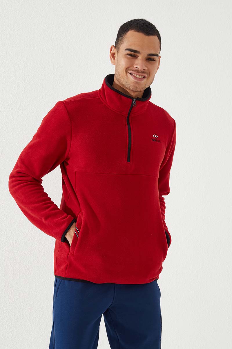 Kırmızı Yarım Fermuarlı Sweatshirt Slim Fit Dik Yaka Erkek Polar - 87891