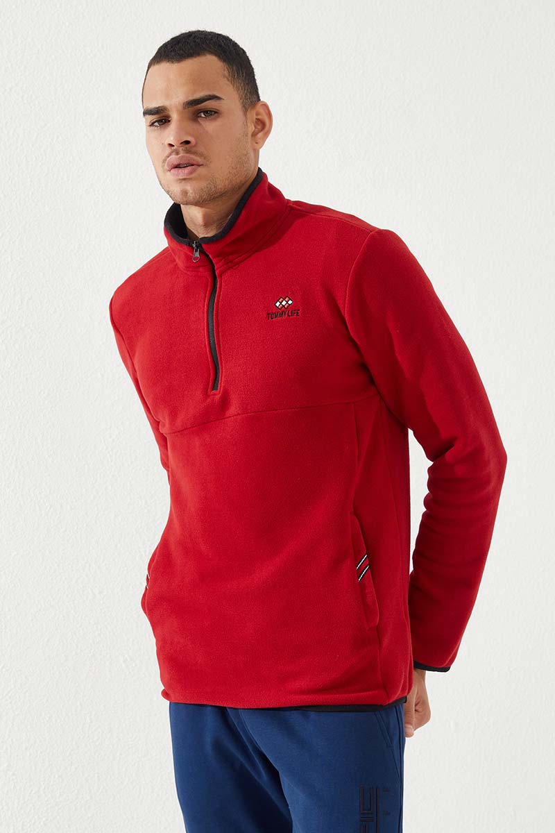 Kırmızı Yarım Fermuarlı Sweatshirt Slim Fit Dik Yaka Erkek Polar - 87891