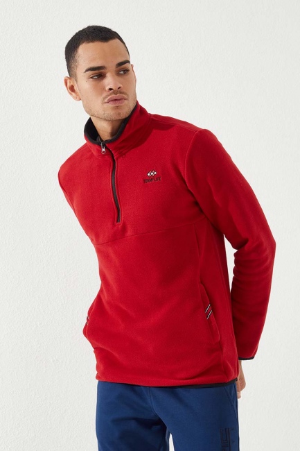 Kırmızı Yarım Fermuarlı Sweatshirt Slim Fit Dik Yaka Erkek Polar - 87891 - Thumbnail
