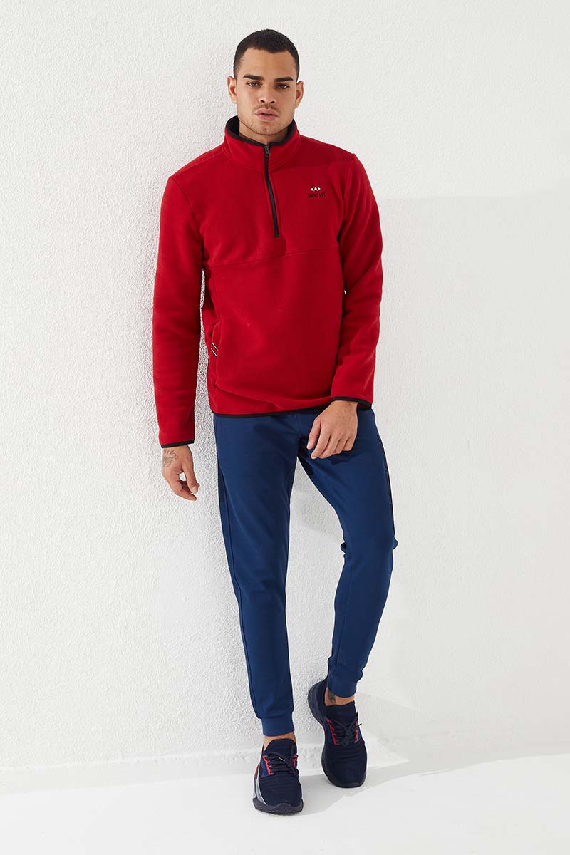 Kırmızı Yarım Fermuarlı Sweatshirt Slim Fit Dik Yaka Erkek Polar - 87891