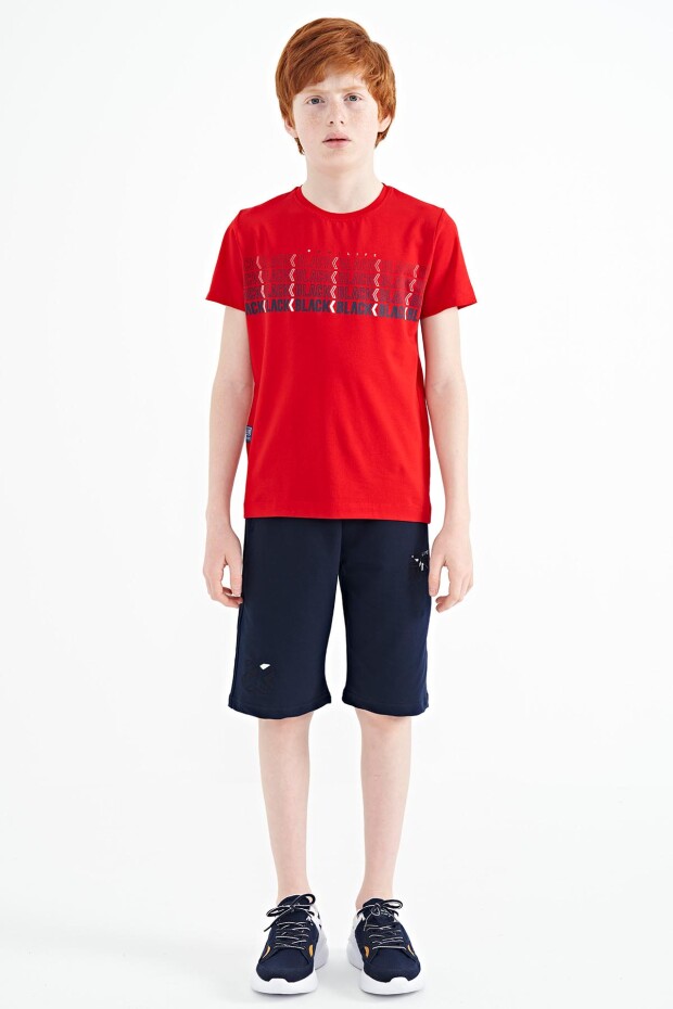 Kırmızı Yazı Baskılı O Yaka Standart Kalıp Erkek Çocuk T-Shirt - 11149