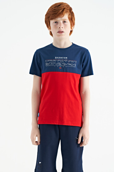 Kırmızı Yazı Baskılı Renk Bloklu Standart Kalıp O Yaka Erkek Çocuk T-Shirt - 11134 