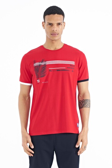 Kırmızı Yazı Desen Baskılı O Yaka Standart Kalıp Erkek T-Shirt - 88183 