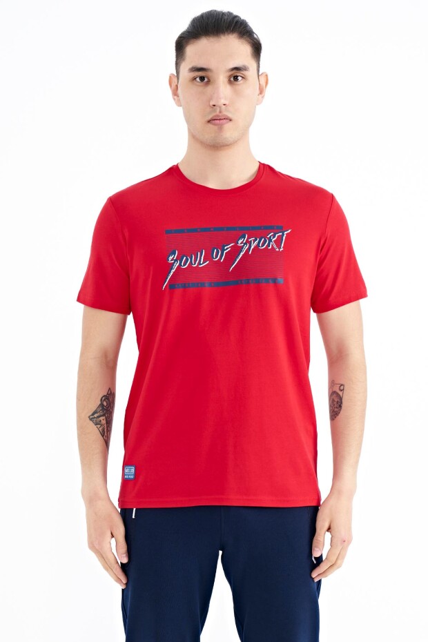 Kırmızı Yazı Desen Baskılı Standart Kalıp O Yaka Erkek T-Shirt - 88172