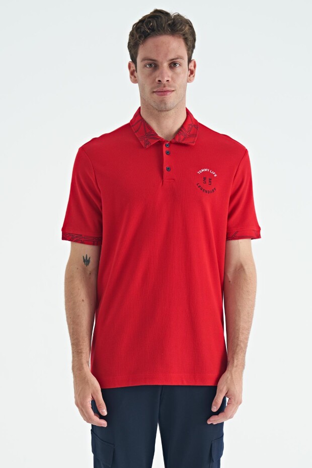 Kırmızı Yazı Nakışlı Baskı Detaylı Standart Kalıp Polo Yaka Erkek T-Shirt - 88239