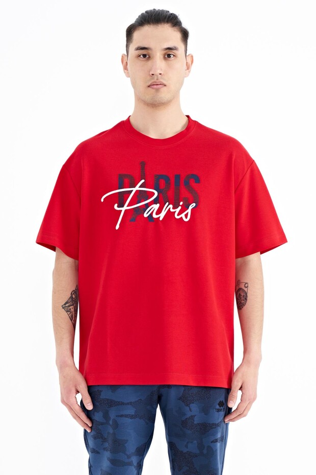 Kırmızı Yazı Nakışlı O Yaka Oversize Erkek T-Shirt - 88223