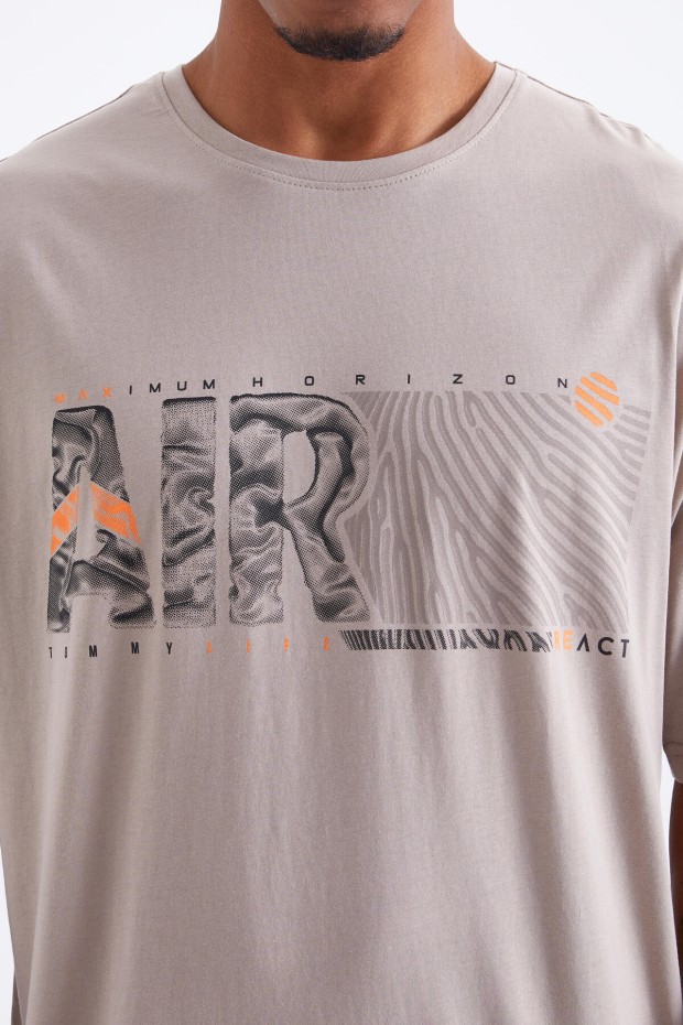Koyu Bej Air Baskılı O Yaka Erkek Oversize T-Shirt - 88097