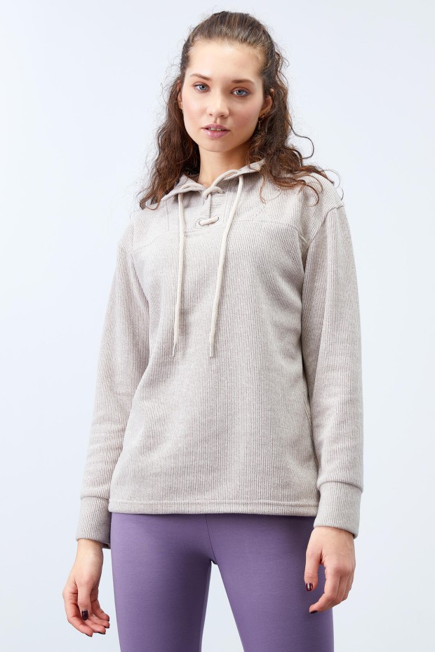 Koyu Bej Bağcıklı Dik Yaka Selanik Triko Kadın Oversize Sweatshirt - 97198