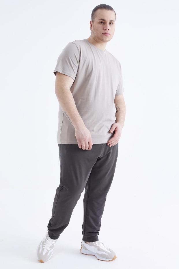 Koyu Bej Basic Kısa Kol O Yaka Büyük Beden Erkek T-Shirt - 88072 - 2
