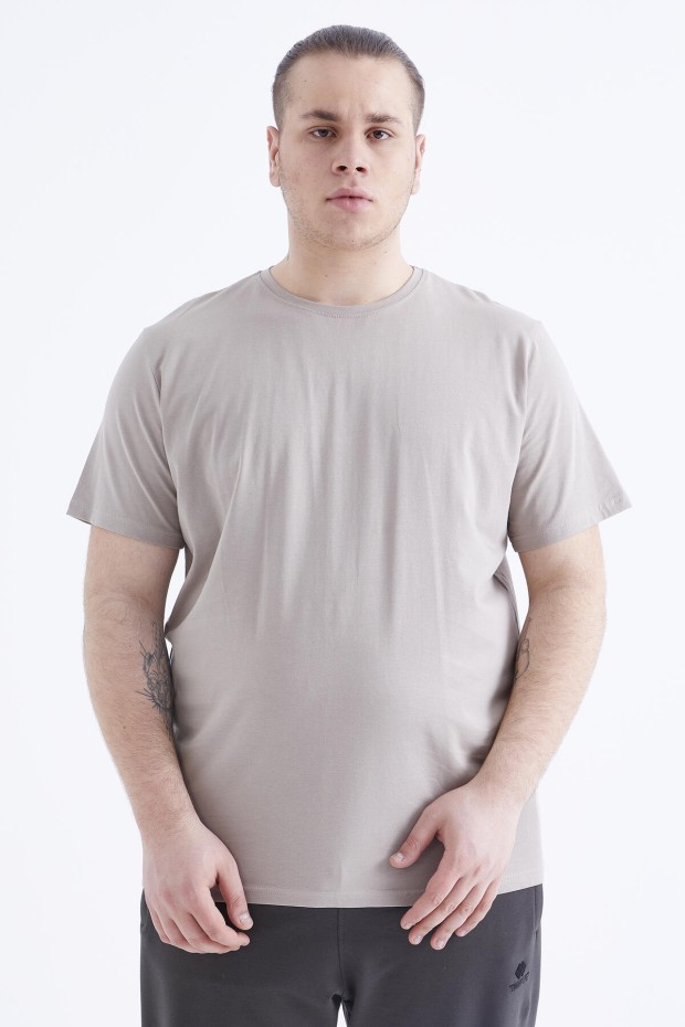 Koyu Bej Basic Kısa Kol O Yaka Büyük Beden Erkek T-Shirt - 88072 - 3
