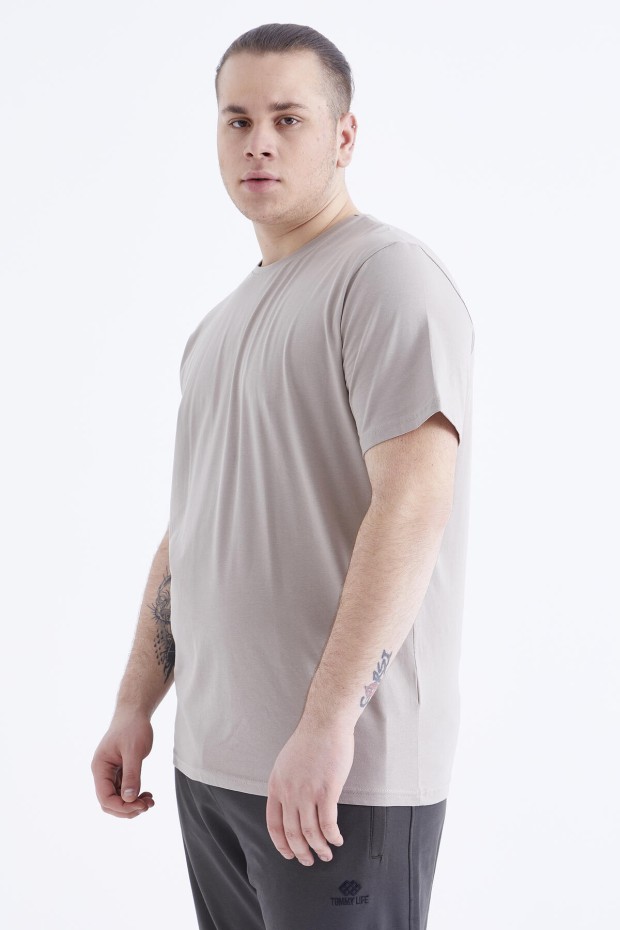 Koyu Bej Basic Kısa Kol O Yaka Büyük Beden Erkek T-Shirt - 88072 - 5