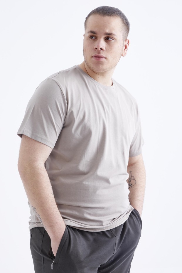Koyu Bej Basic Kısa Kol O Yaka Büyük Beden Erkek T-Shirt - 88072 - 6