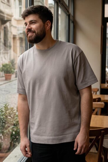 Koyu Bej Basic Kısa Kol O Yaka Büyük Beden Erkek T-Shirt - 88072 