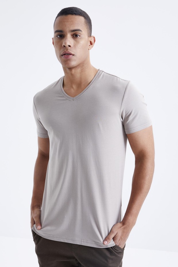 Koyu Bej Basic Kısa Kol Standart Kalıp V Yaka Erkek T-Shirt - 87912
