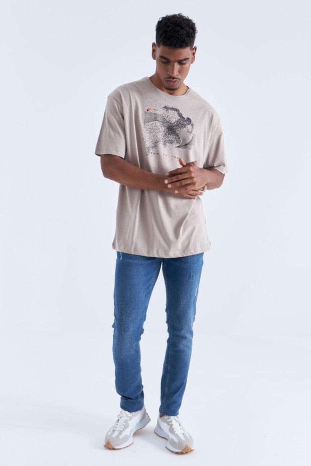 Koyu Bej Baskı Detaylı O Yaka Erkek Oversize T-Shirt - 88093