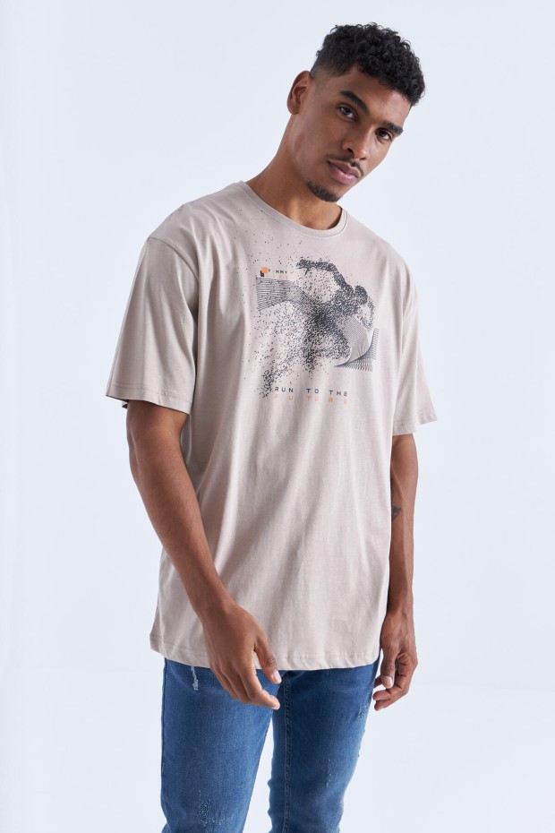 Koyu Bej Baskı Detaylı O Yaka Erkek Oversize T-Shirt - 88093