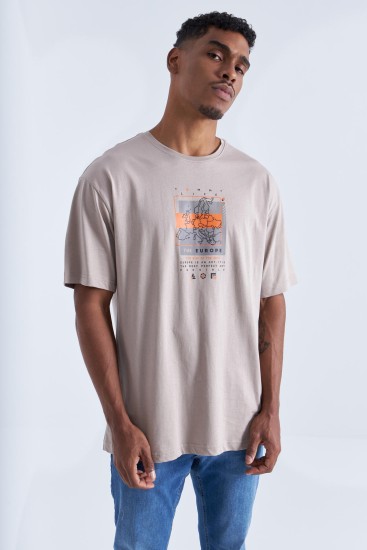 Koyu Bej Baskı Detaylı O Yaka Erkek Oversize T-Shirt - 88094 