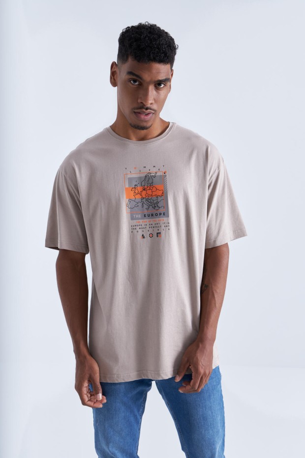 Koyu Bej Baskı Detaylı O Yaka Erkek Oversize T-Shirt - 88094