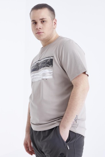 Koyu Bej Baskılı O Yaka Büyük Beden Erkek T-shirt - 88073 - Thumbnail