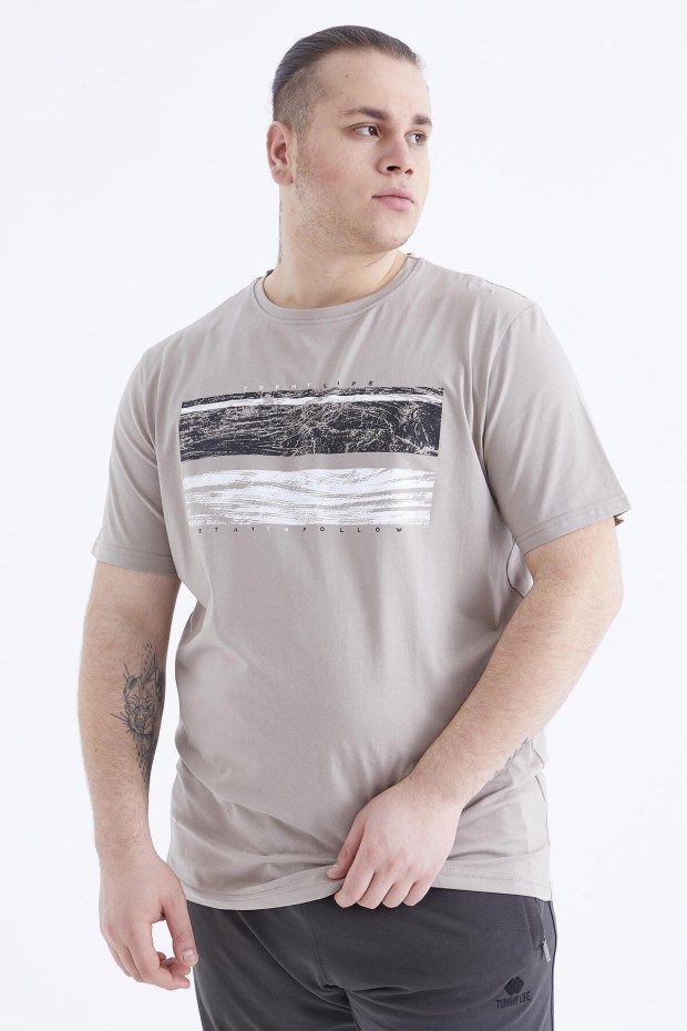 Koyu Bej Baskılı O Yaka Büyük Beden Erkek T-shirt - 88073