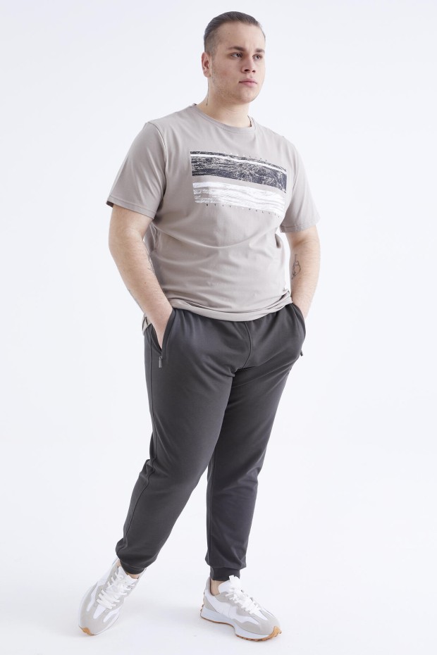 Koyu Bej Baskılı O Yaka Büyük Beden Erkek T-shirt - 88073